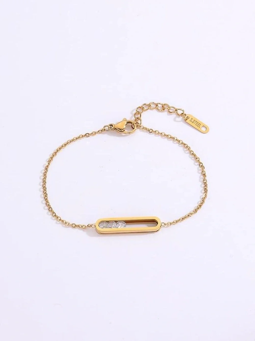 18K Gold Geometrical Link Paperclip Moving Diamond Bracelet No Fade Or Tarnish